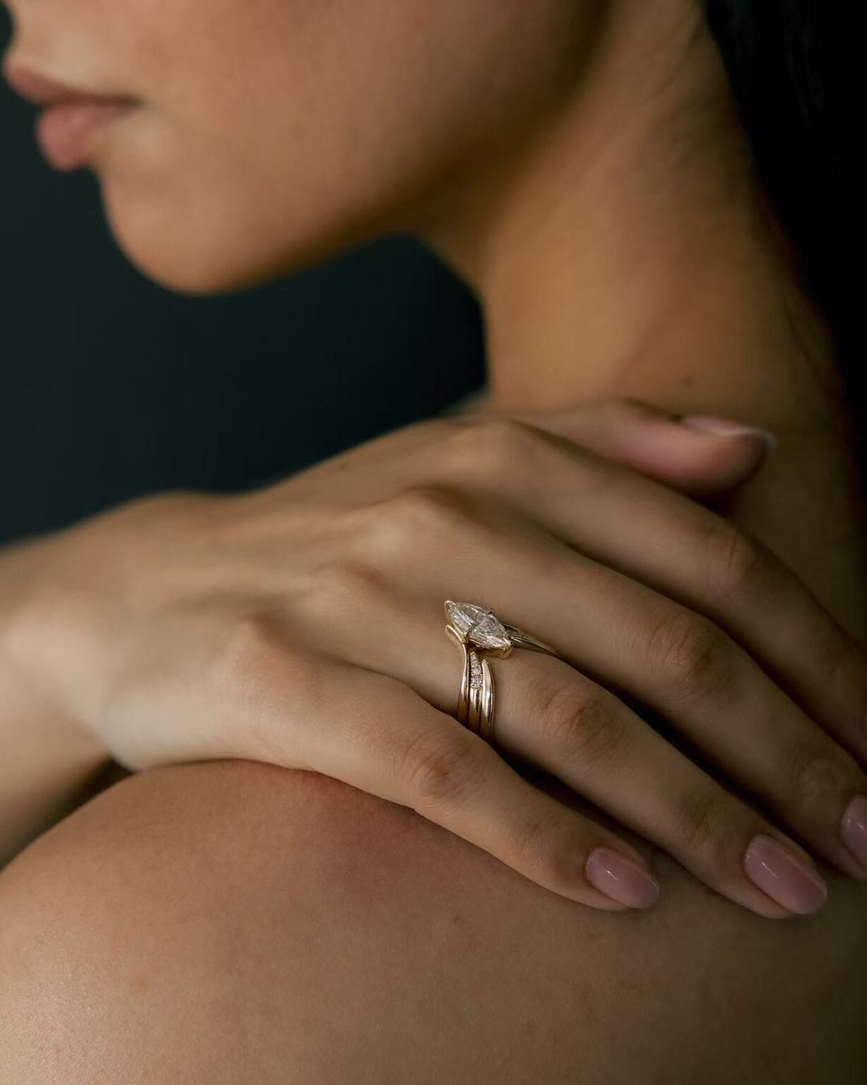 marquise cut lab grown diamond engagement ring for women, asymmetrical gold band solitaire ring, stacking minimalist bridal promise ring, elongated marquise diamond look, wedding anniversary fine jewelry gift