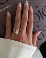 marquise cut lab grown diamond engagement ring for women, asymmetrical gold band solitaire ring, stacking minimalist bridal promise ring, elongated marquise diamond look, wedding anniversary fine jewelry gift