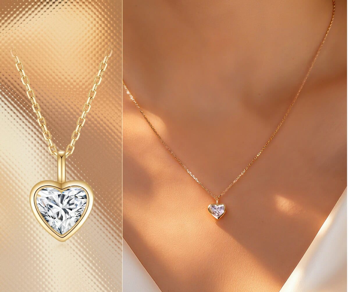 bezel set heart shaped diamond pendant necklace | double sided design