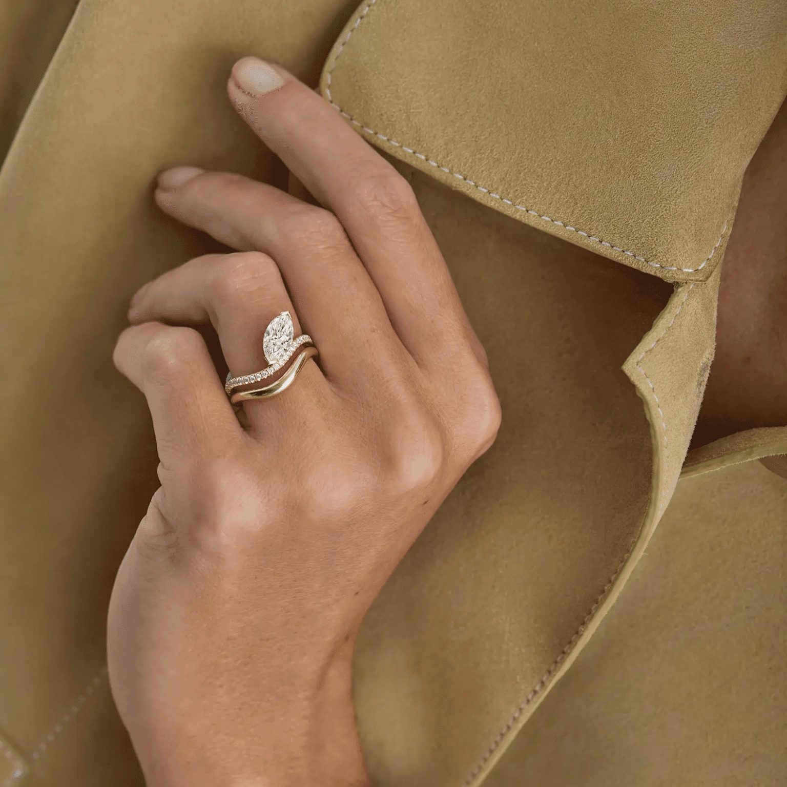 marquise lab grown diamond ring with curved pavé gold band (2)