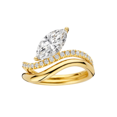 marquise lab grown diamond ring with curved pavé gold band