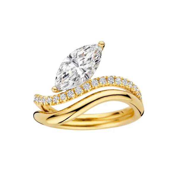 marquise lab grown diamond ring with curved pavé gold band