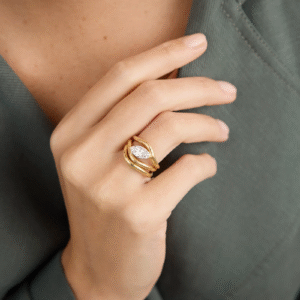 modern marquise lab grown diamond ring with sculptural gold band