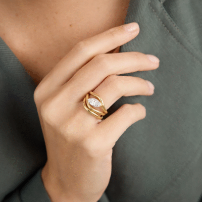 modern marquise lab grown diamond ring with sculptural gold band
