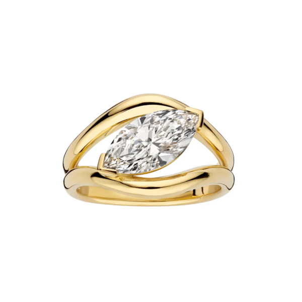modern marquise lab grown diamond ring with sculptural gold band (3)