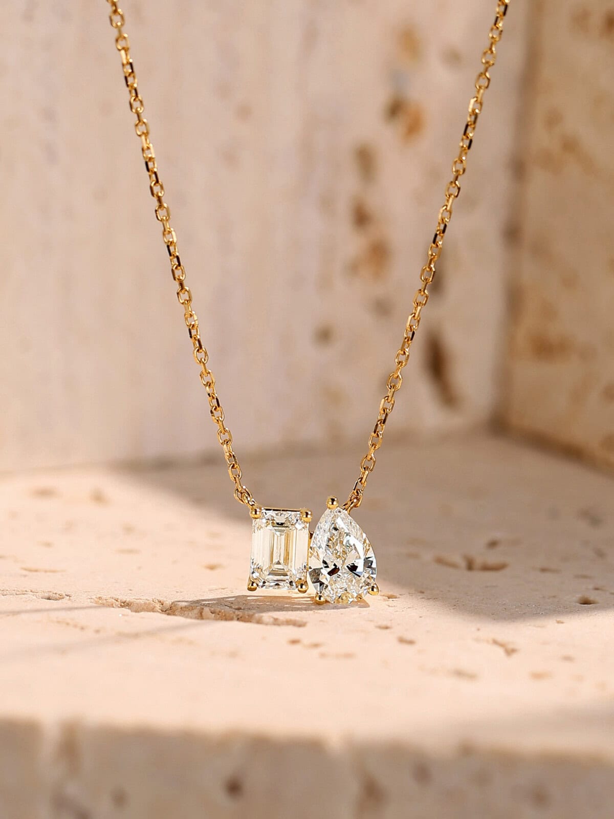 toi et moi necklace pear&emerald cut lab grown diamond necklace