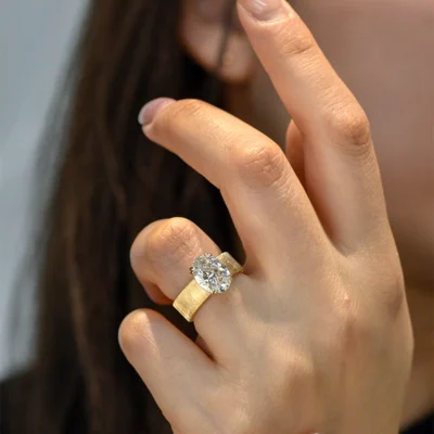 4ct oval old money style lab grown diamond ring brushed gold wide band