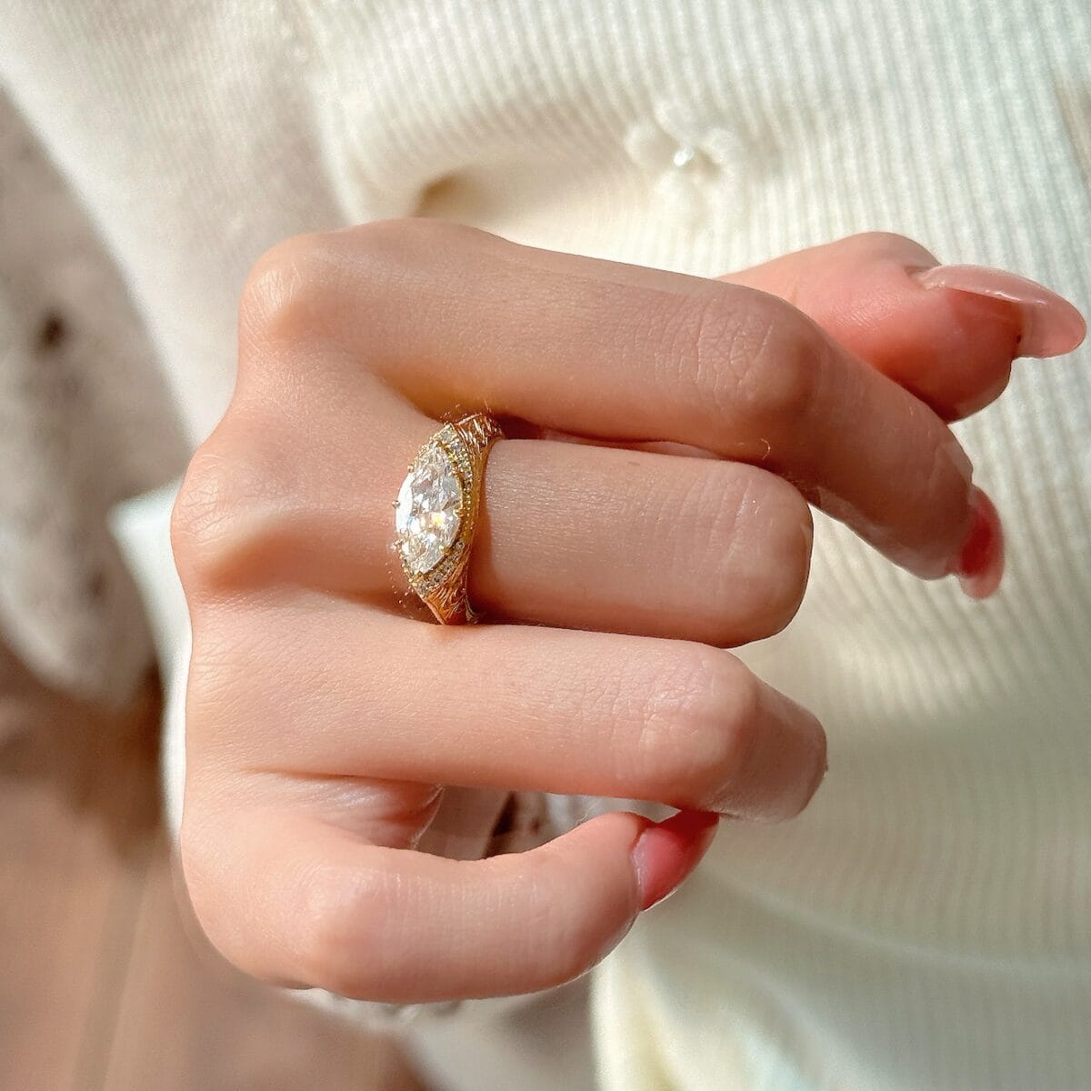 vintage engraved marquise lab grown diamond ring | old money style