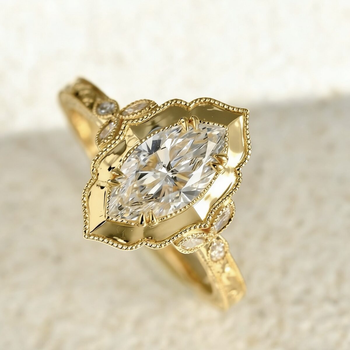 vintage marquise diamond ring | victorian inspired engraved royal style gold ring