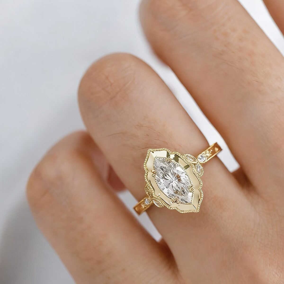 vintage marquise diamond ring | victorian inspired engraved royal style gold ring