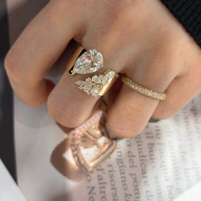 asymmetric pear diamond statement ring 3ct / 5ct lab grown diamond wide band ring in 14k / 18k gold