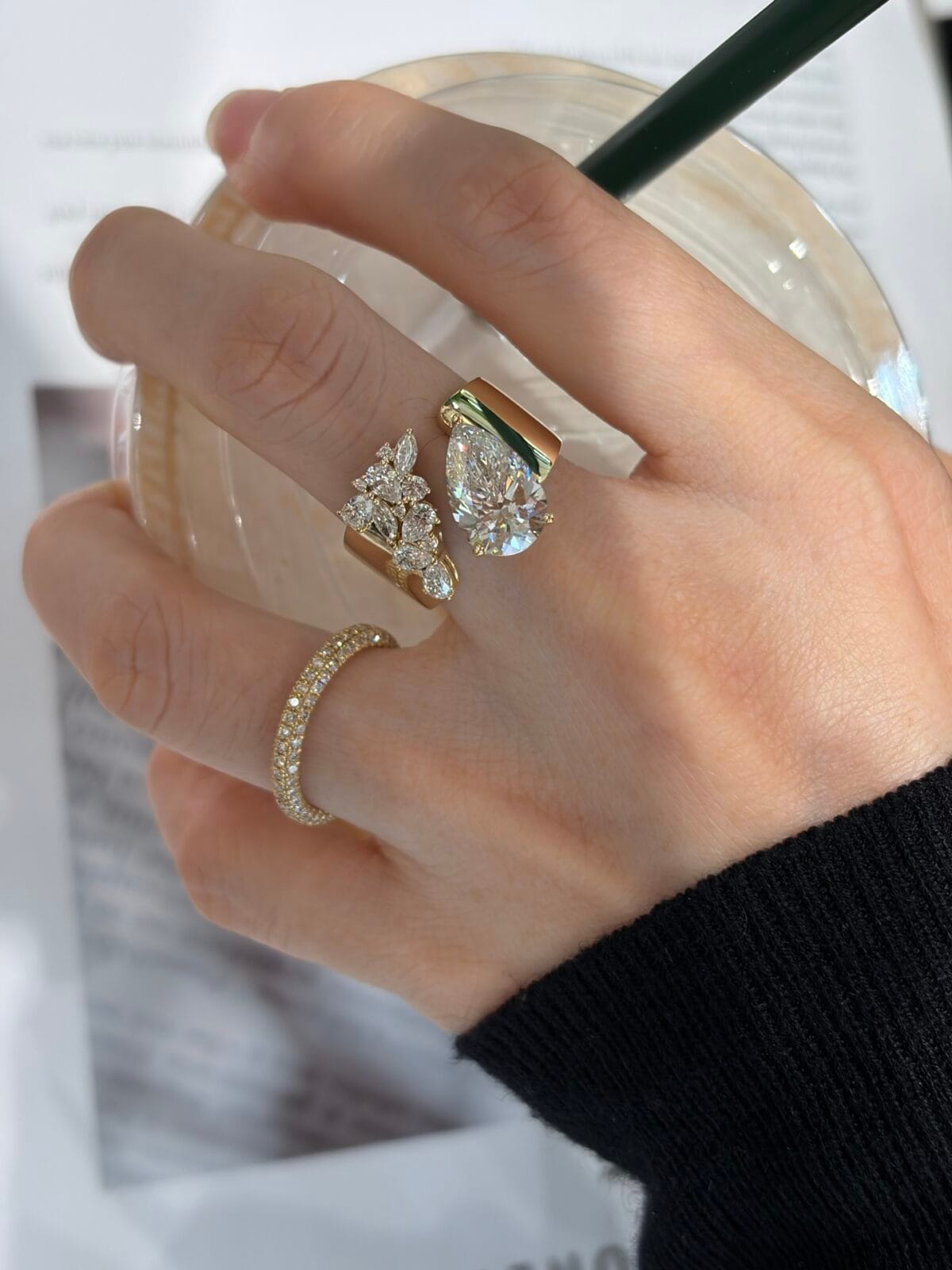 asymmetric pear diamond statement ring 3ct / 5ct lab grown diamond wide band ring in 14k / 18k gold