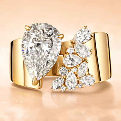 asymmetric pear diamond statement ring 3ct / 5ct lab grown diamond wide band ring in 14k / 18k gold
