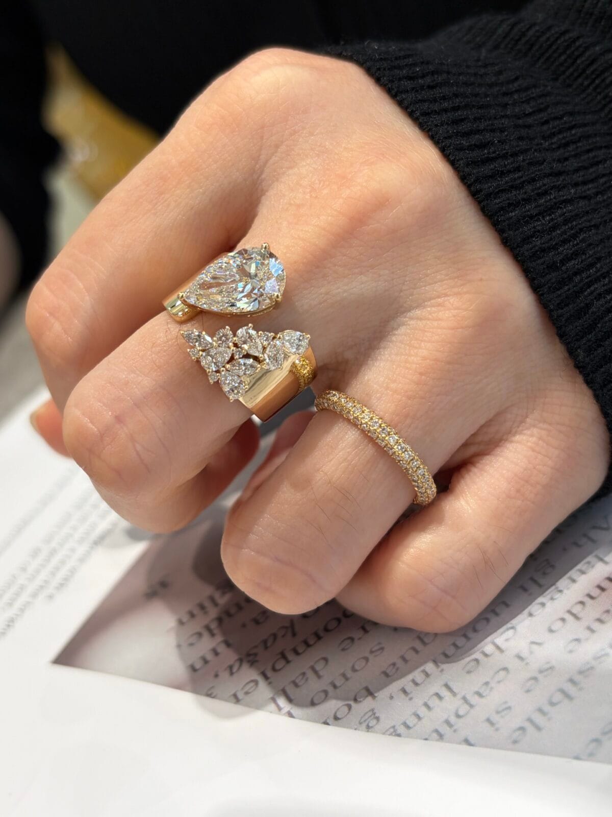 asymmetric pear diamond statement ring 3ct / 5ct lab grown diamond wide band ring in 14k / 18k gold