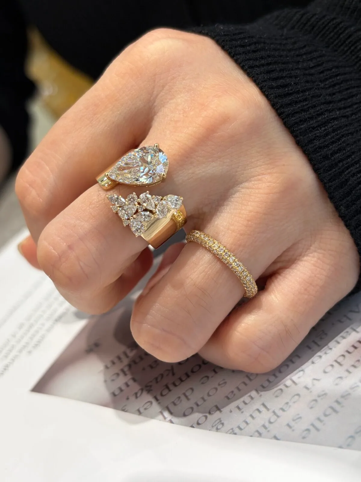 asymmetric pear diamond statement ring 3ct / 5ct lab grown diamond wide band ring in 14k / 18k gold