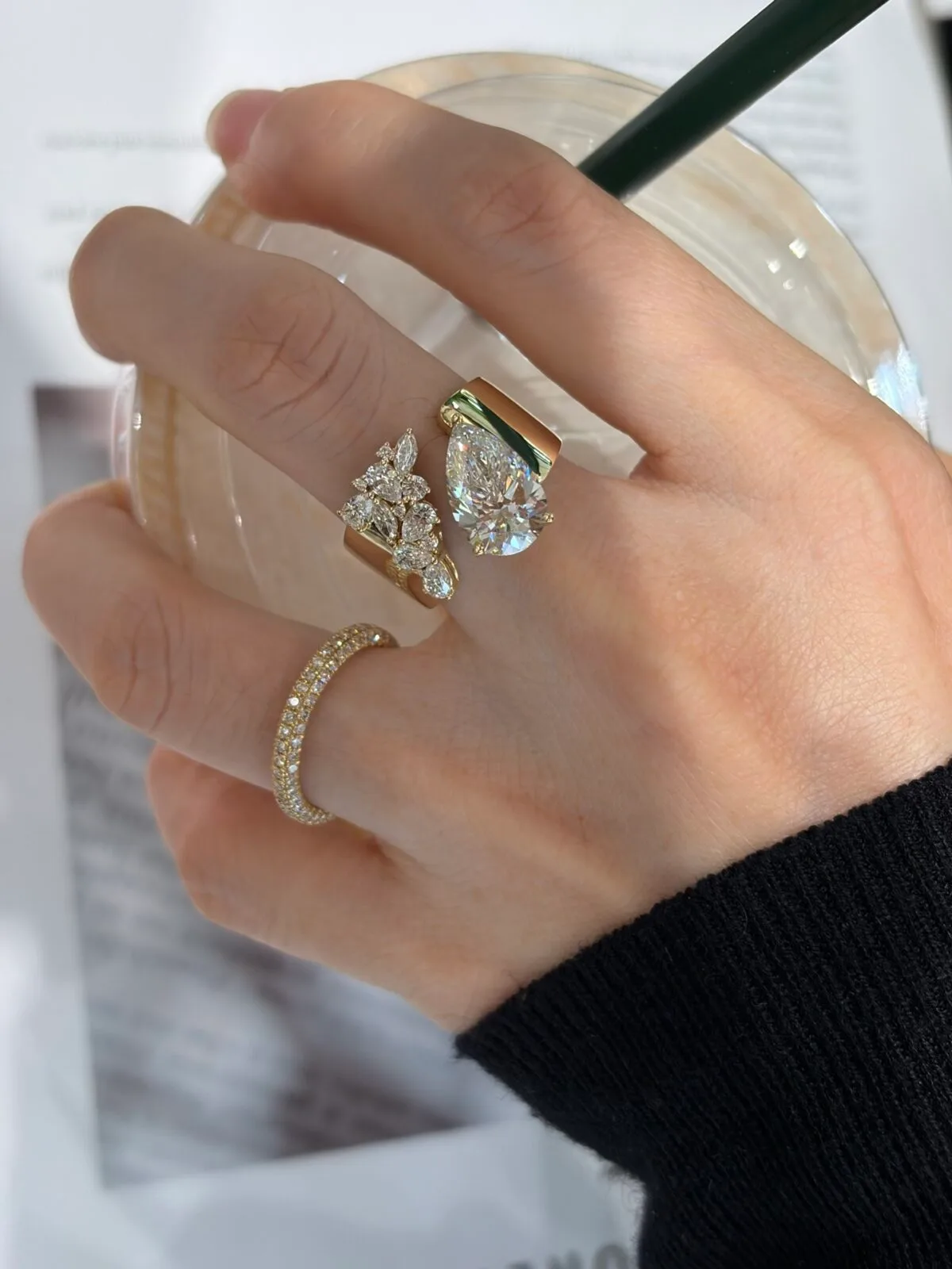 asymmetric pear diamond statement ring 3ct / 5ct lab grown diamond wide band ring in 14k / 18k gold