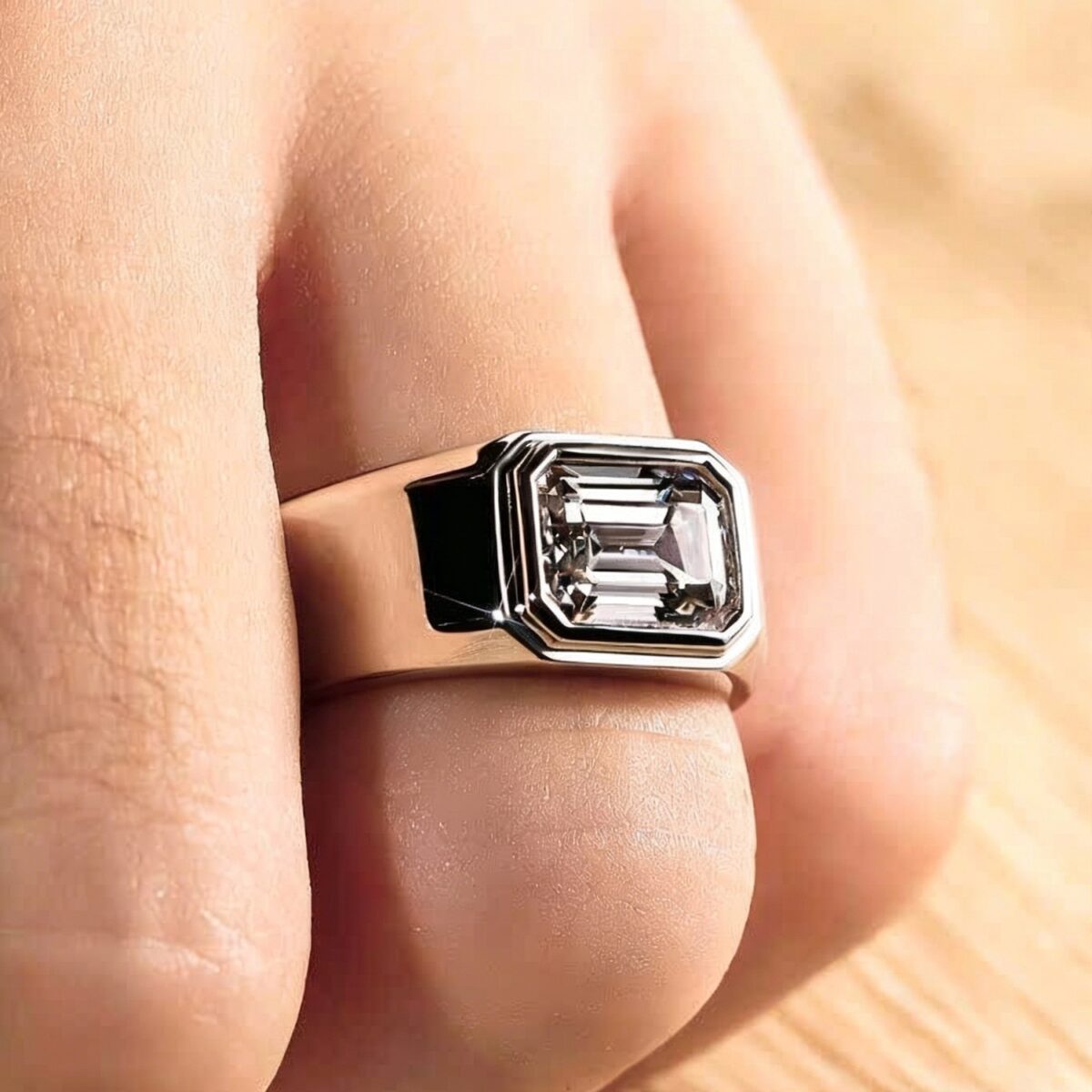 emerald cut lab diamond signet ring bezel set statement ring for men