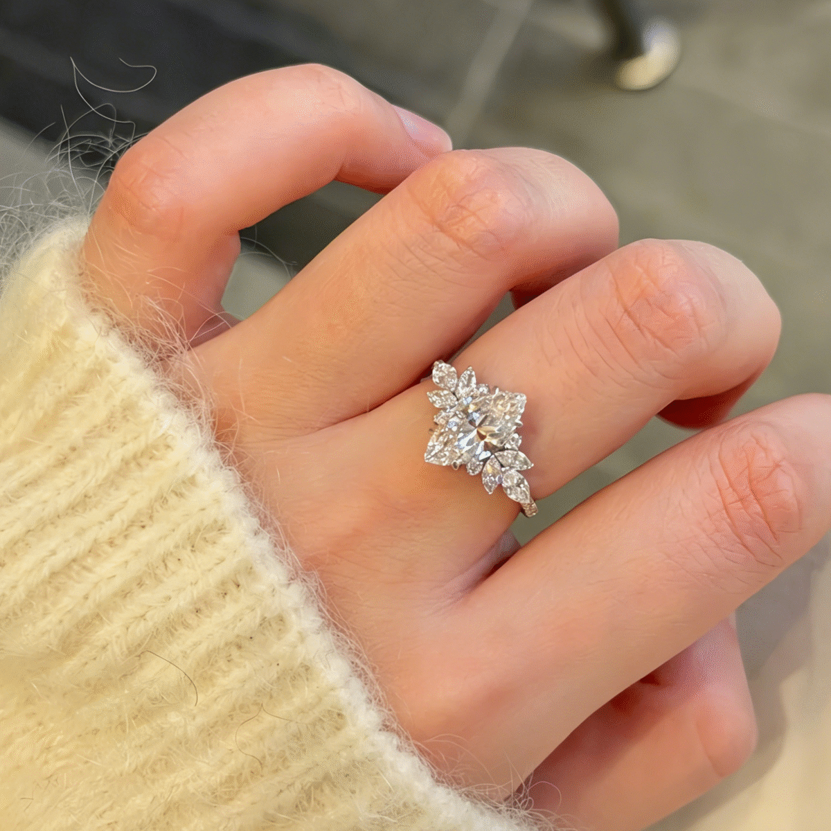 marquise lab diamond ring with pear cluster – nature inspired elegant design