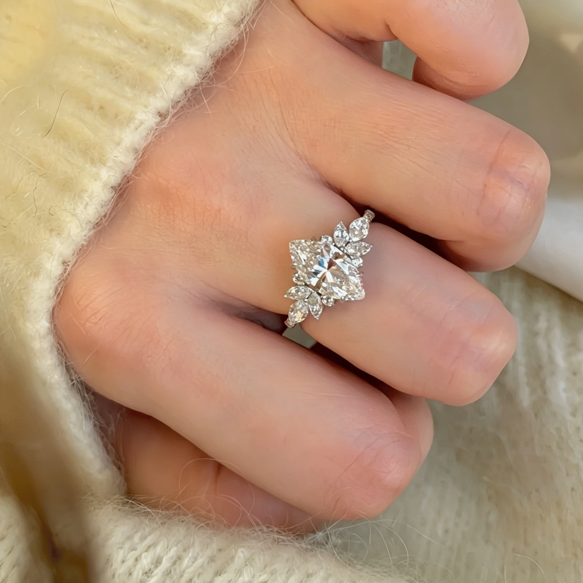 marquise lab diamond ring with pear cluster – nature inspired elegant design