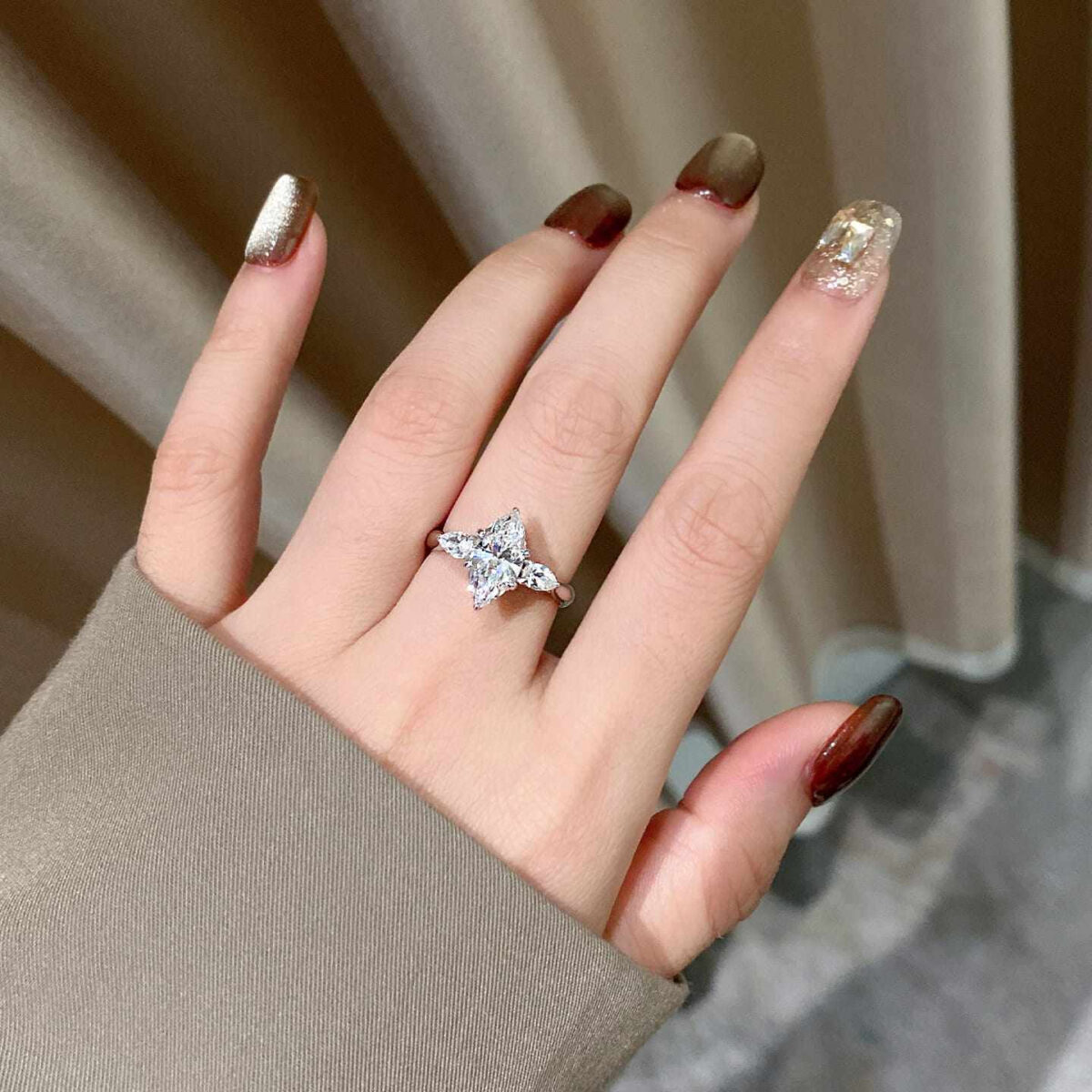 marquise & pear three stone lab diamond ring – minimal luxury gold design