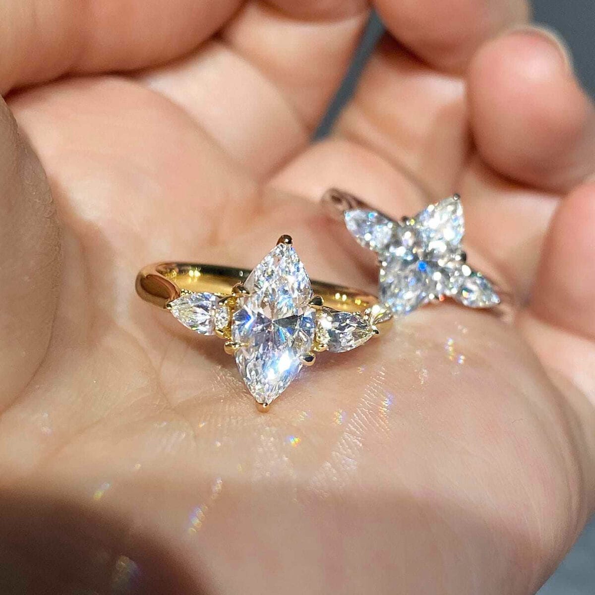 marquise & pear three stone lab diamond ring – minimal luxury gold design