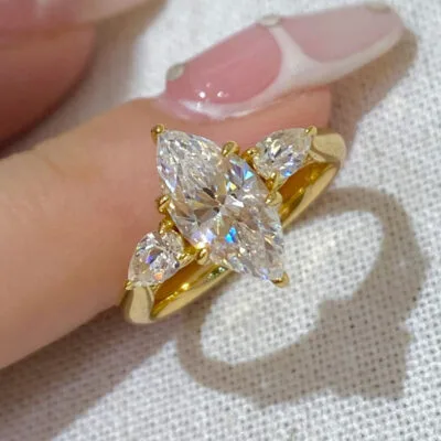 marquise & pear three stone lab diamond ring – minimal luxury gold design