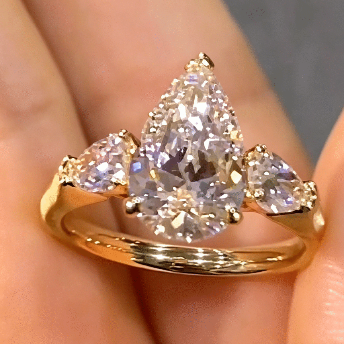 three pear lab diamond ring – brushed gold three stone elegant design 3