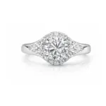 three stone lab diamond ring – round center with marquise side stones and pavé halo