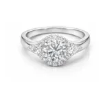 three stone lab diamond ring – round center with marquise side stones and pavé halo