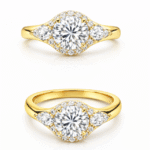 three stone lab diamond ring – round center with marquise side stones and pavé halo