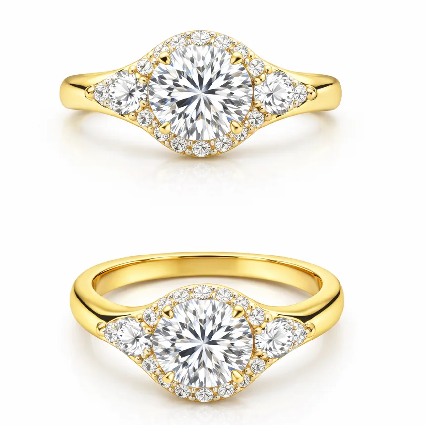 three stone lab diamond ring – round center with marquise side stones and pavé halo