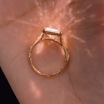 vintage floral engraved radiant cut lab diamond ring in 14k / 18k gold