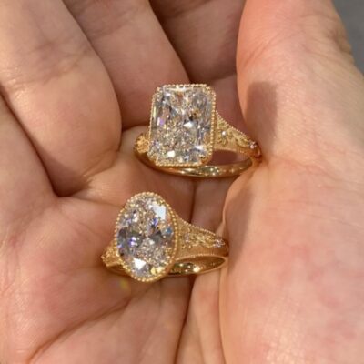 vintage floral engraved radiant cut lab diamond ring in 14k / 18k gold