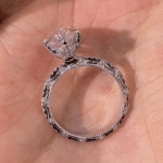 vintage marquise lab diamond ring with hidden halo and full engraved band
