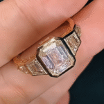 vintage art deco emerald cut lab diamond engagement ring – multi shape side stone gold bezel ring in 14k / 18k gold