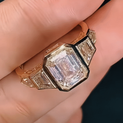 vintage art deco emerald cut lab diamond engagement ring – multi shape side stone gold bezel ring in 14k / 18k gold