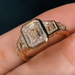 vintage art deco emerald cut lab diamond engagement ring – multi shape side stone gold bezel ring in 14k / 18k gold