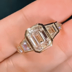 vintage art deco emerald cut lab diamond engagement ring – multi shape side stone gold bezel ring in 14k / 18k gold