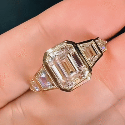 vintage art deco emerald cut lab diamond engagement ring – multi shape side stone gold bezel ring in 14k / 18k gold