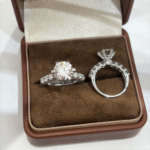 floral side stone round lab diamond engagement ring with hidden halo in 14k / 18k gold