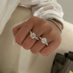 floral side stone round lab diamond engagement ring with hidden halo in 14k / 18k gold