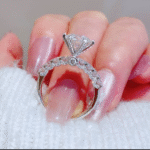 floral side stone round lab diamond engagement ring with hidden halo in 14k / 18k gold