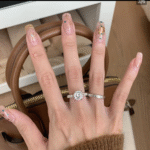 floral side stone round lab diamond engagement ring with hidden halo in 14k / 18k gold
