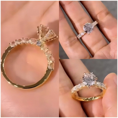 floral side stone round lab diamond engagement ring with hidden halo in 14k / 18k gold