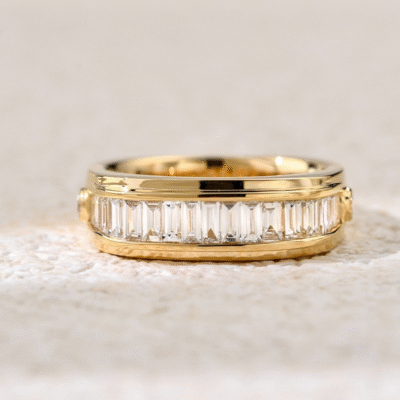 vintage baguette lab diamond band ring – ice candy texture thick gold statement ring in 14k / 18k gold