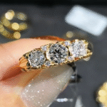 vintage scrollwork three stone lab diamond ring – antique inspired gold engagement ring in 14k / 18k gold