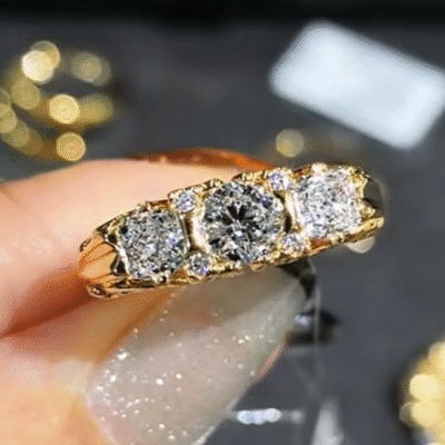 vintage scrollwork three stone lab diamond ring – antique inspired gold engagement ring in 14k / 18k gold