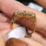 vintage scrollwork three stone lab diamond ring – antique inspired gold engagement ring in 14k / 18k gold